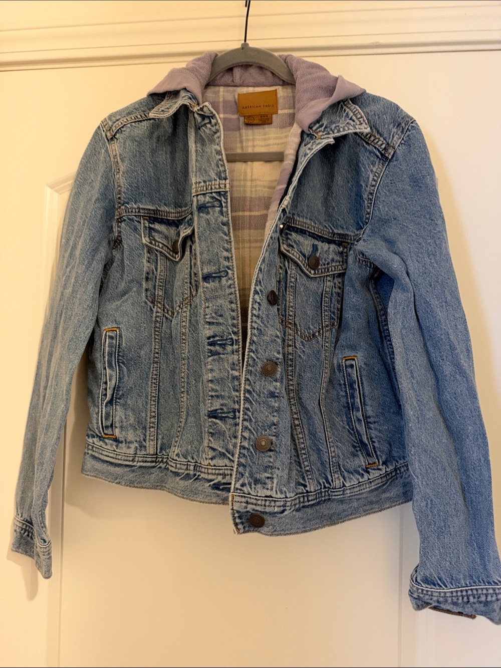 American Eagle Denim Trucker Jacket with Hoodie - Light Blue